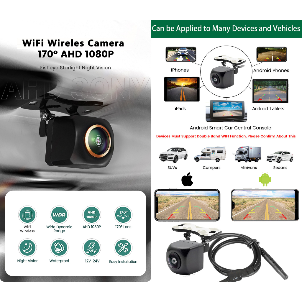 Wireless Car Rear View Camera WIFI 170 Degree Wide Angle Reversing Dash