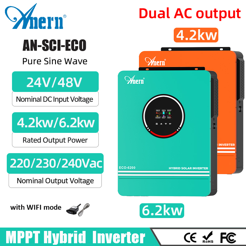 Anern 1600W 3000W 4200W 6200W Mppt Hybrid Inverter Off Grid Tie Pure ...