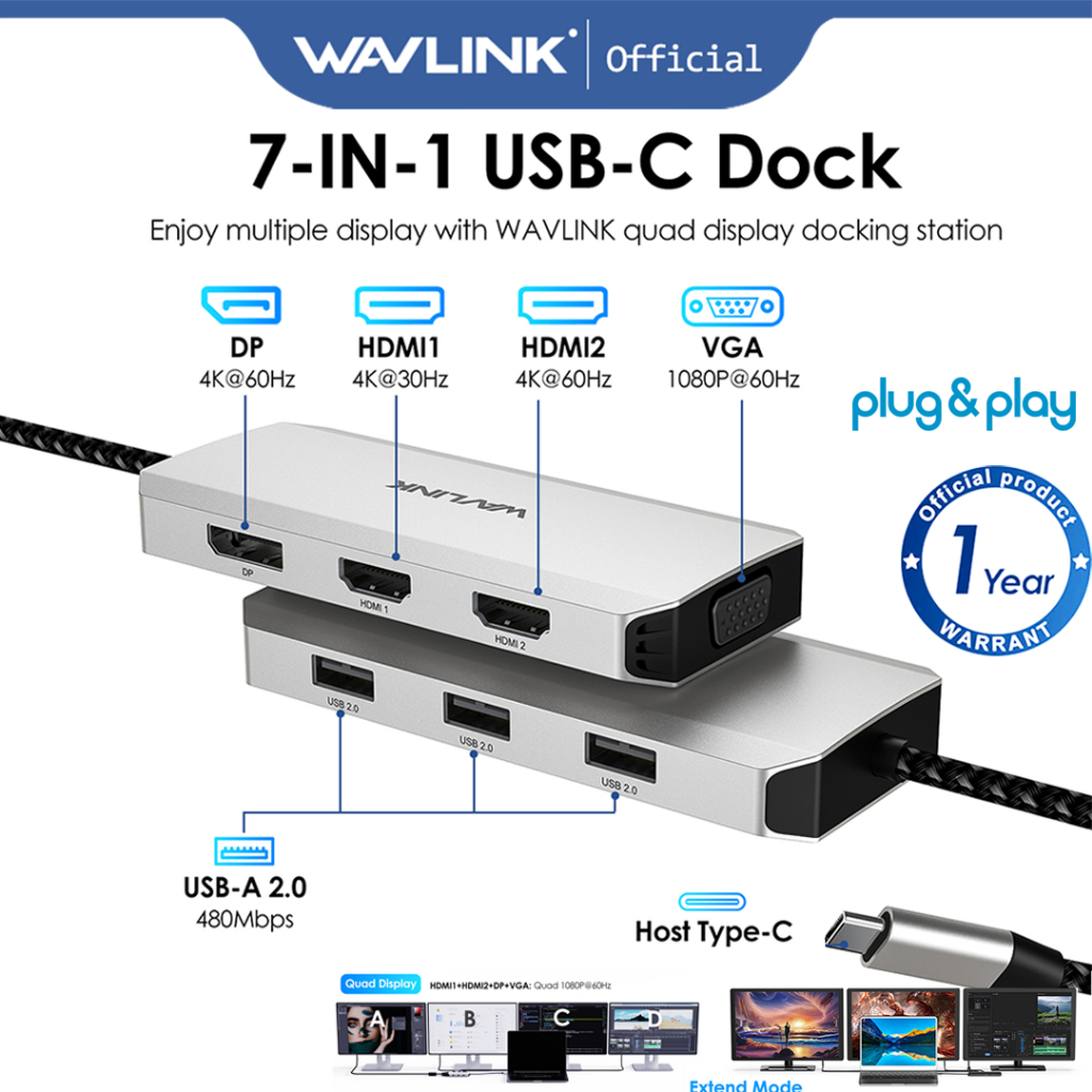WAVLINK USB C Laptop Docking Station Quad Monitor 7-IN-1 Multiport ...