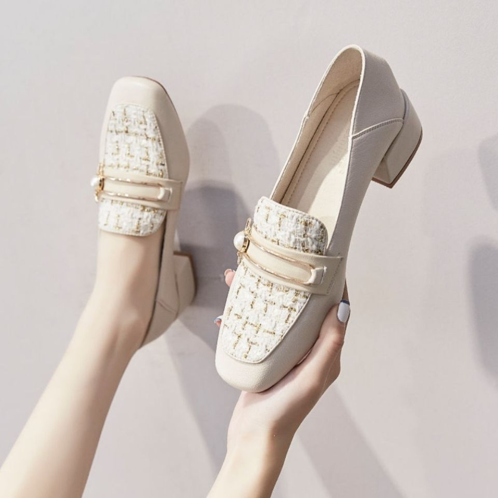 Single Shoes Slip-On Women's Shoes Thick Heel Leather Shoes Mid-Heel ...