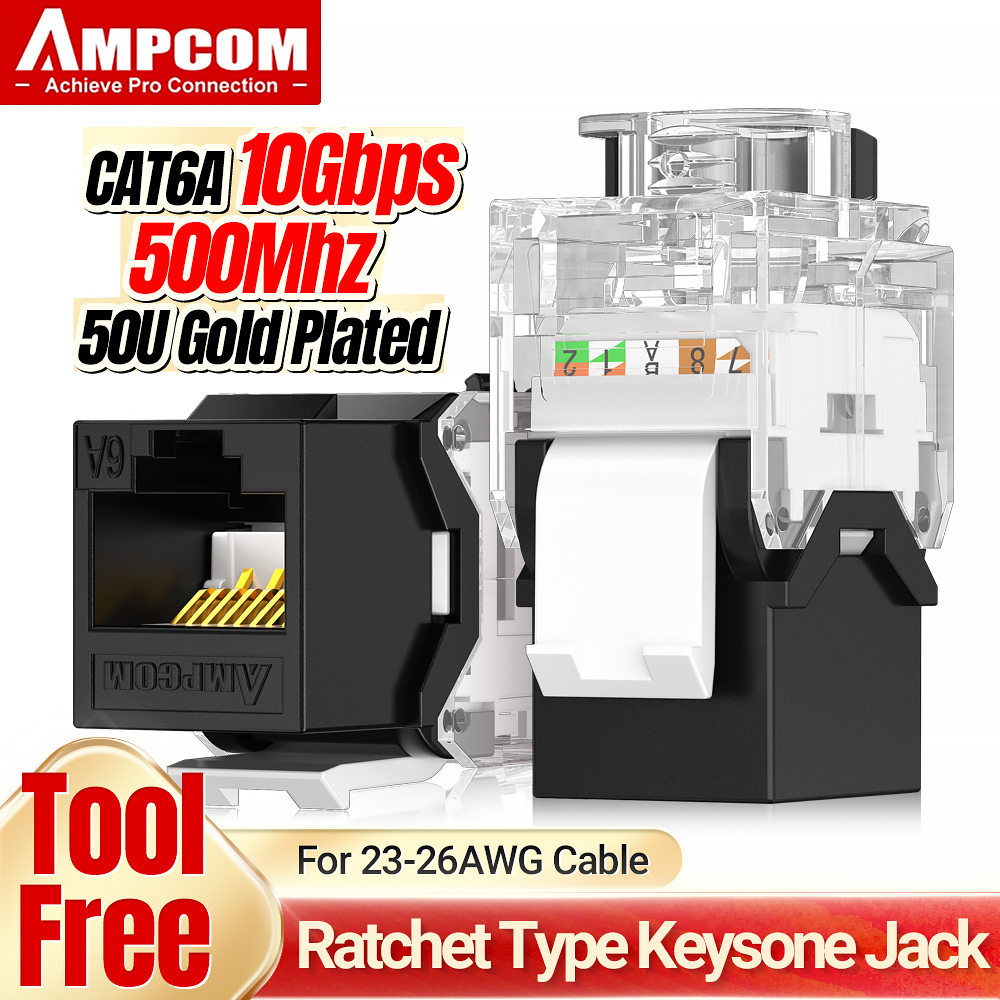 AMPCOM CAT6A RJ45 Keystone Jack, Ratchet Lock UTP Toolless Modular ...