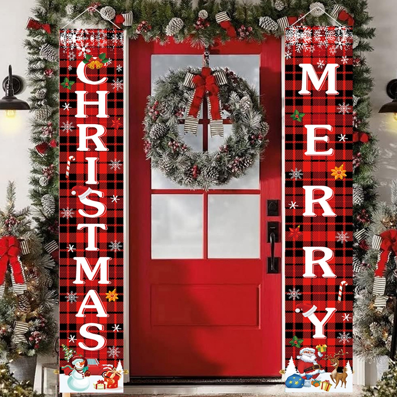 Merry Christmas Door Banner Red and Black Plaid Printed Pattern Door