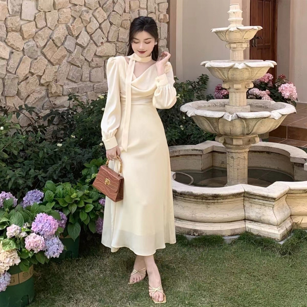 Autumn New Swinging Neck Slim Fit Bubble Long Sleeve Silk Face Dress ...
