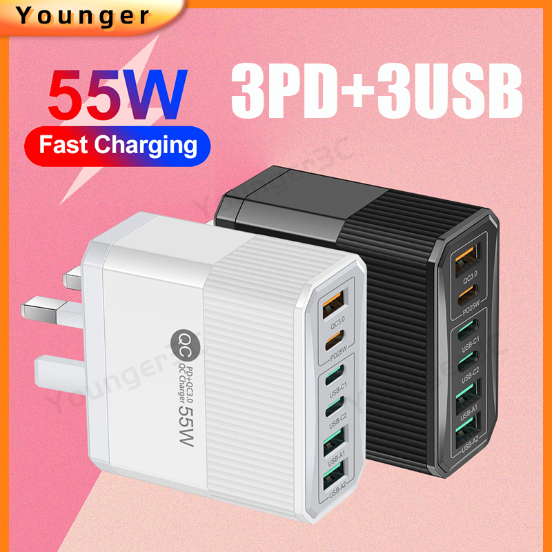 55W QC+PD 6 Ports Fast Charger 6A Power Adapter For ios Type C Micro