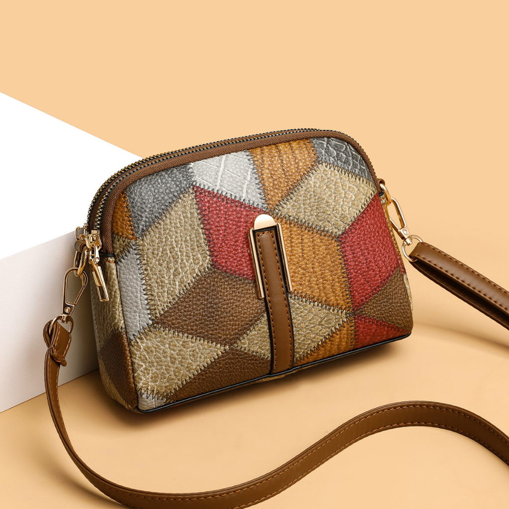 Vintage Patchwork PU Leather Women Shoulder Bag Casual Style Shell