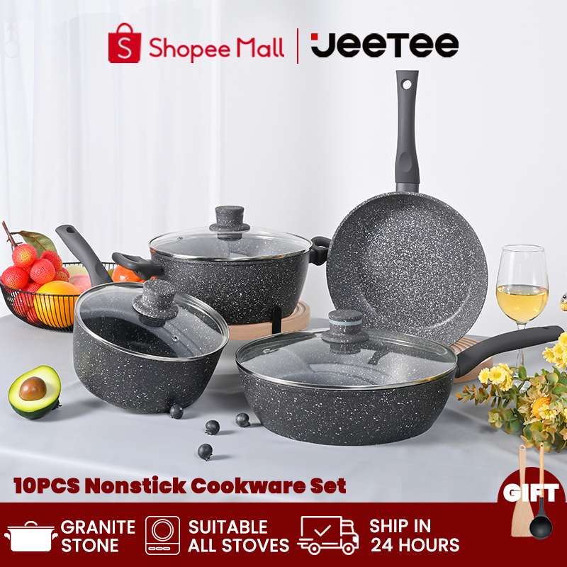 JEETEE 9pcs Granite Cookware Set Non Stick Pan Set Kuali PFAS& PTFE