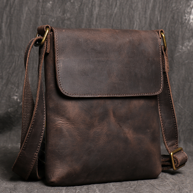 Genuine Leather Daily Casual Shoulder Bag for iPad mini Small Dark  Brown Vintage Messenger Bag Men's New Fashion Design Sling Bags