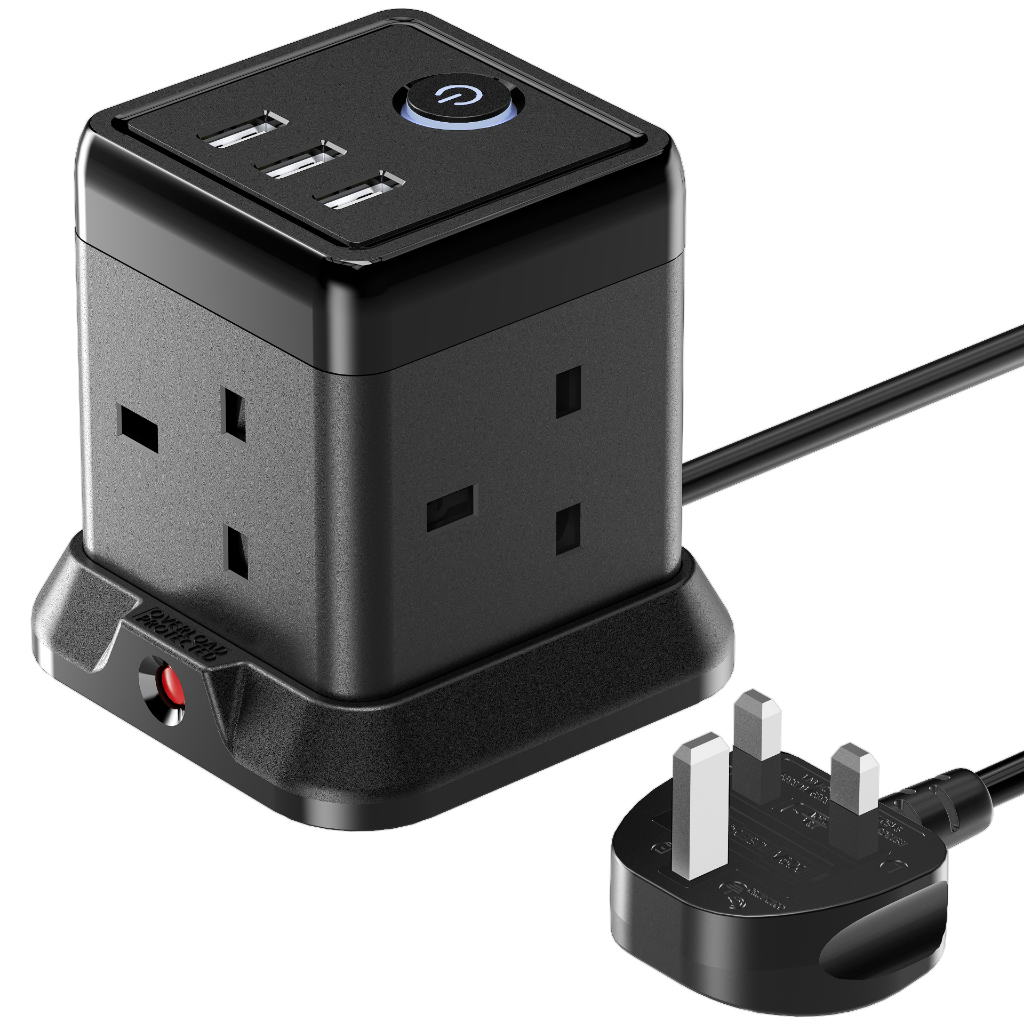 1.5M Cube Extension Lead with 3 USB Slots 4 Gang Plug Extension Socket