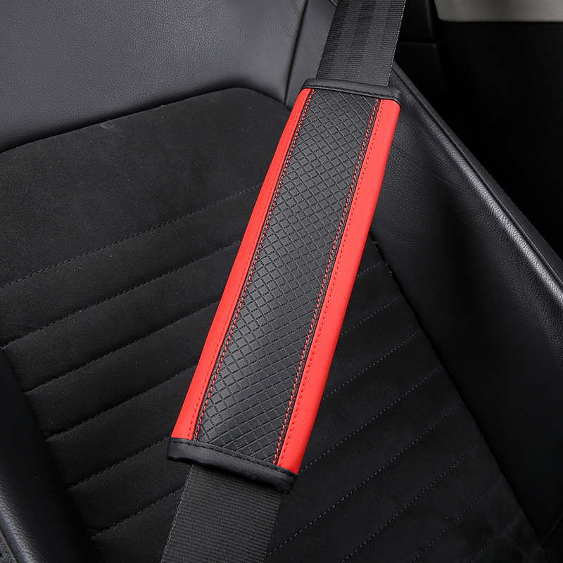 thumbnail image 2 of Universal Car Seat Belt Shoulder Pads – 2 Pieces, Black/Red, Self-Adhesive, For Toyota 2 of 4