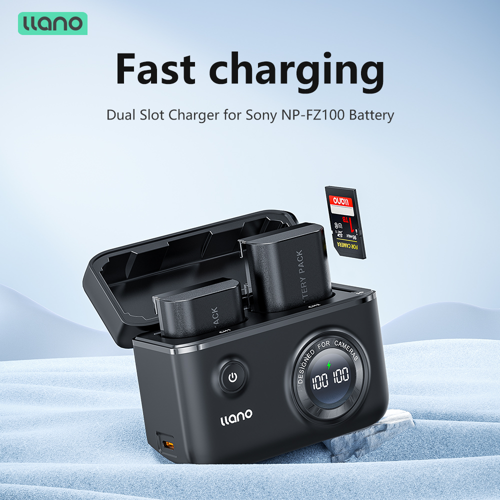 LLANO Camera Battery Charger Dual Slot Digital Display with SD Card Storage Function For Sony NP