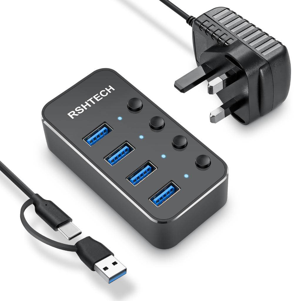 RSHTECH ST04 USB 3.0 Hub 4 Port USB3.0/USB C Hub with 5V 2A Power ...