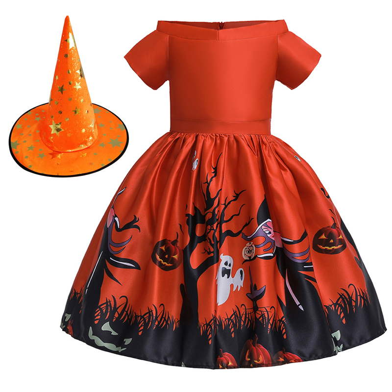 MQATZ Orange Red Hallween Dress For Girl Children Short Sleeve Vintage ...