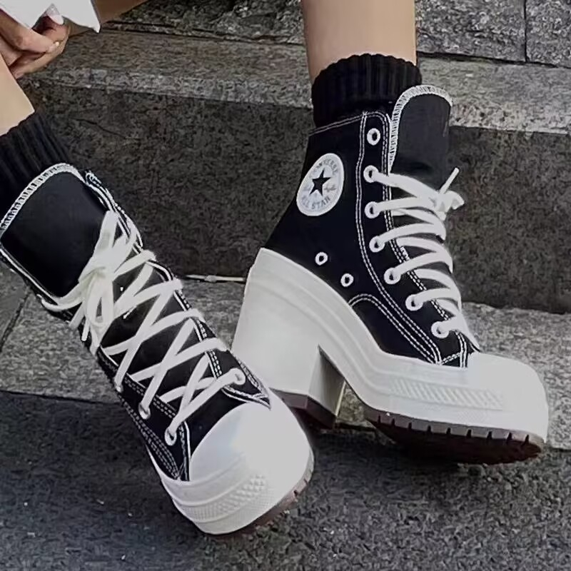 Black White High-Heeled High-Top Thick-Soled Canvas Shoes Anti-Sli ...