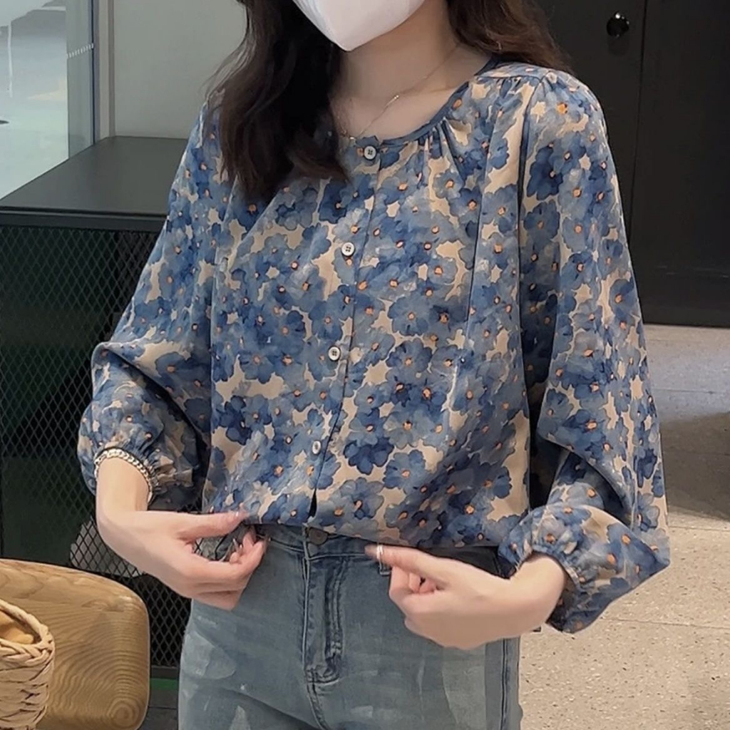 Women's New Flower Print Long-Sleeved Shirt Summer Casual Loose Round ...