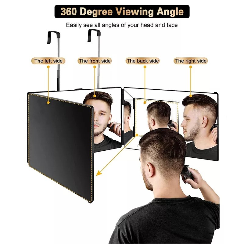 3 Way Mirror With LED Foldable Barber Mirror Self Hair Cutting 360
