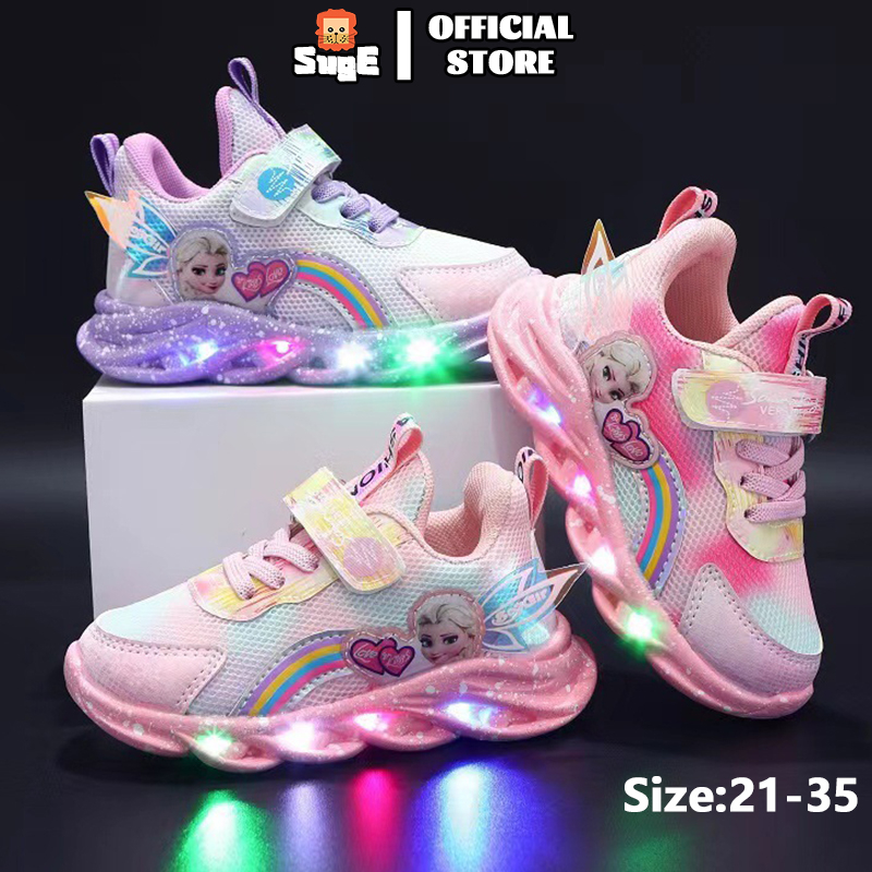 SUGE Size21-35 kasut frozen budak perempuan kids girl shoes mesh LED ...