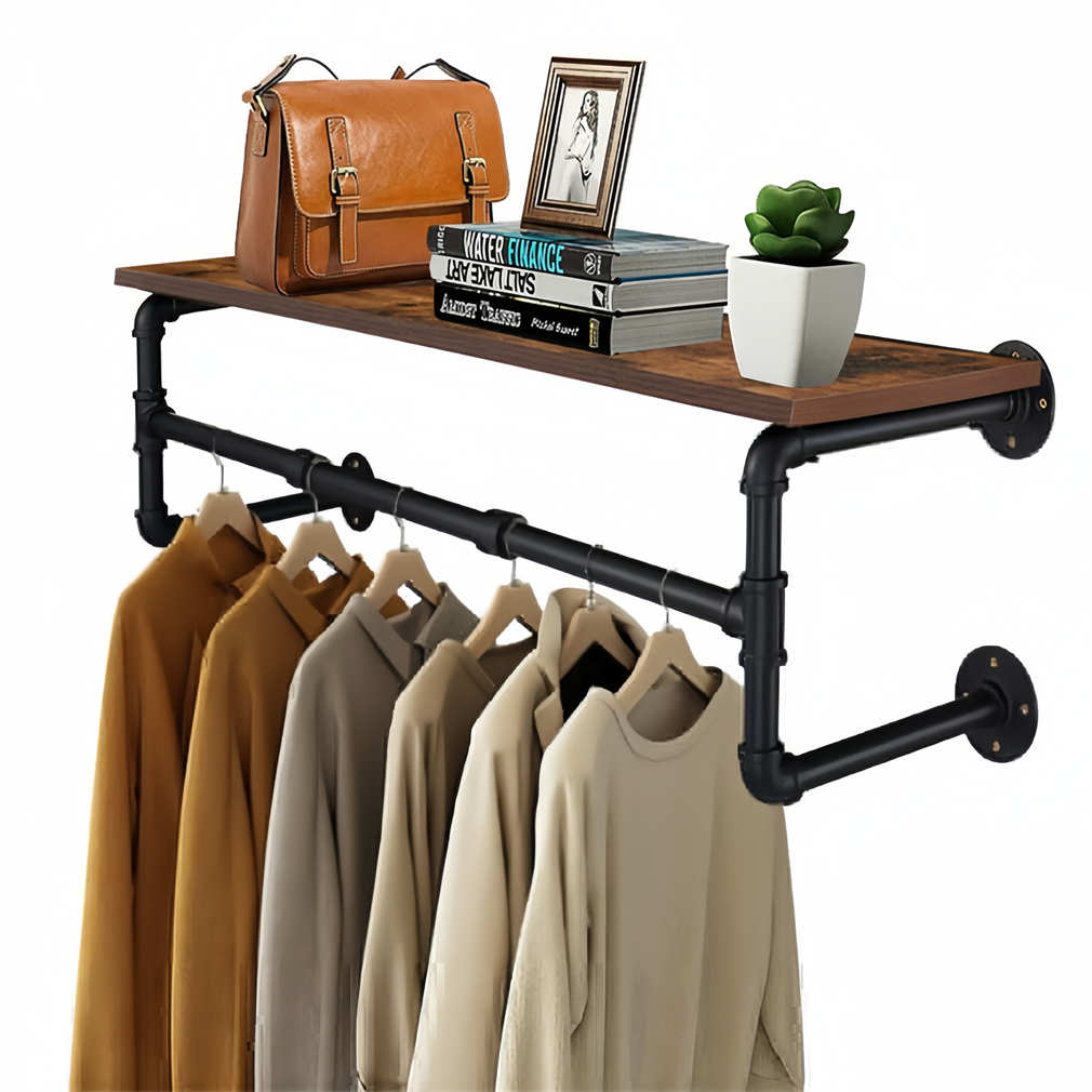 Clothes Rack w/ Top Shelf Industrial Pipe Wall Mounted Garment Rack ...
