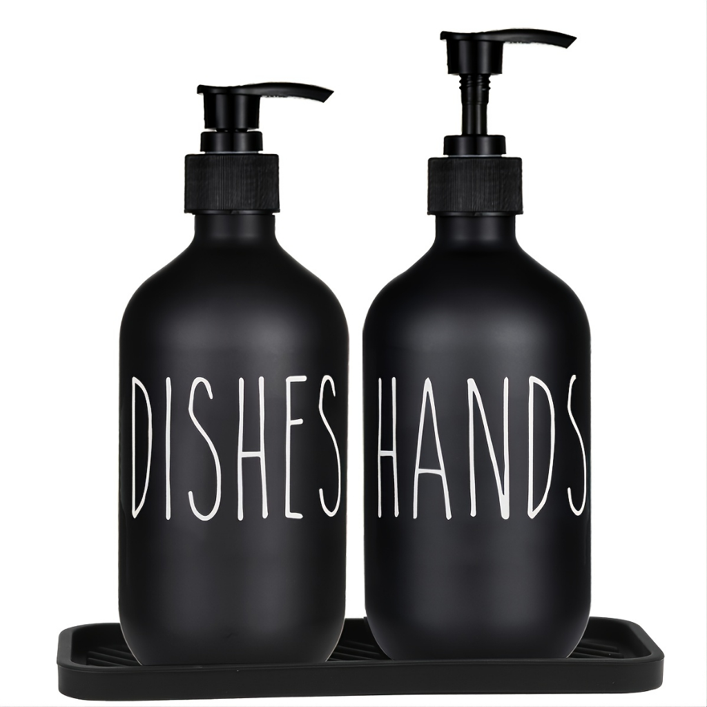 Matte Black Plastic Soap Dispenser Bottles Reusable Hand Soap And Dish ...