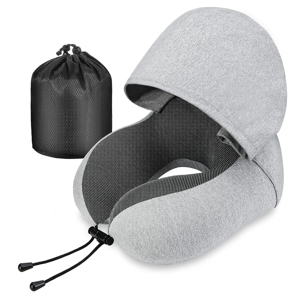 Neck Pillow Memory Foam Travel Pillow with Hood Adult Airplane Pillow for Head Rest Neck Support