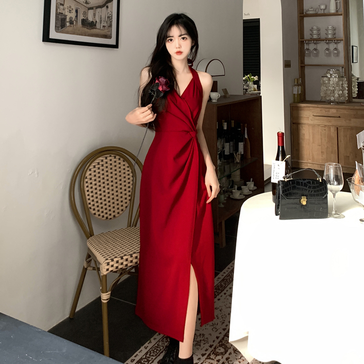Plus Size Women's Korean Style Red Sexy V-Neck Sling Halter Dress  Sleeveless Tunic Slim-Fit Elegant Casual Long Dress Retro | Shopee Malaysia