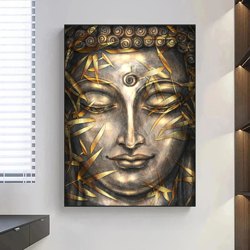 Golden Leaf God Buddha Canvas Painting Buddhism Art Abstract Mural