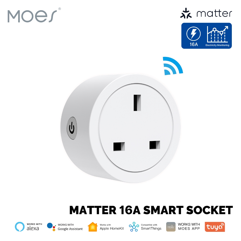 MOES Smart UK Plug Matter WiFi Socket 16A Timer Outlet Power Monitor  Support TUYA Apple Homekit with Google Home Alexa