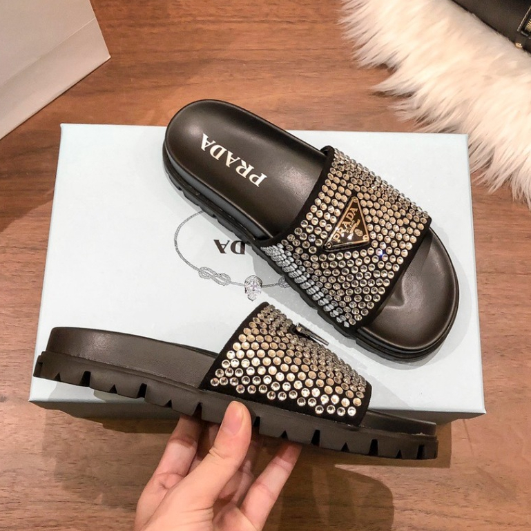 P 2024 new round toe triangle logo thick soled slippers (with shoe box ...