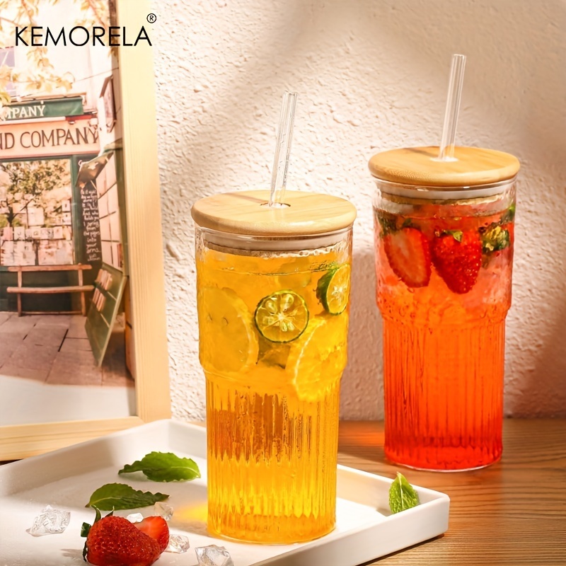 KEMORELA Straw Glass Cup With Lid Summer Cold Drink Juice Stripe Glass ...