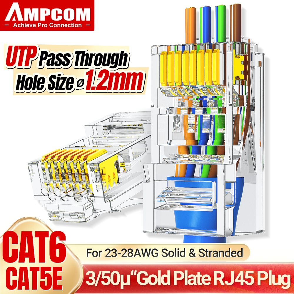 AMPCOM Pass Through EZ UTP RJ45 Connectors CAT6 CAT5E UTP 3/50μ Gold ...