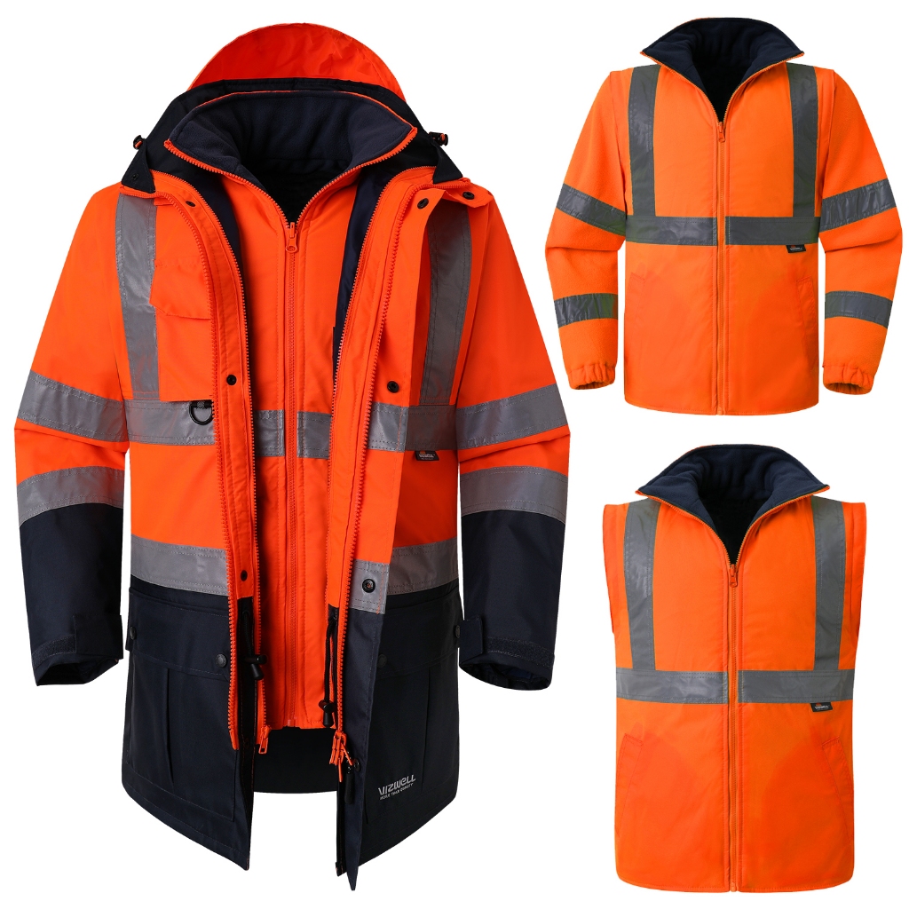 EN471 ANSI/SEA 107 AS/NZS Hi Vis 5 in 1 Waterproof Parka Windbreaker  Workwear Rain Coat with Detachable Thickened Coton Linner Reflective Safety  Jacket