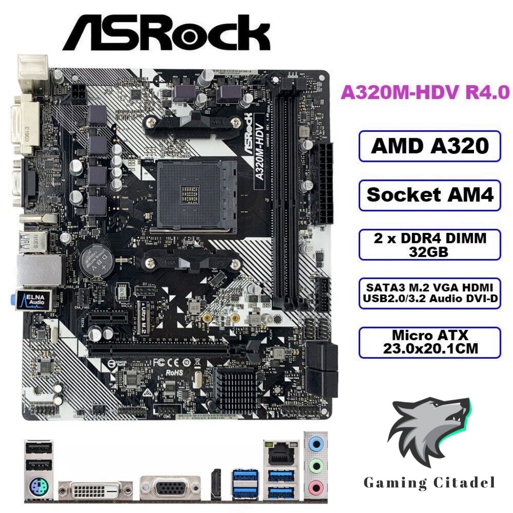 ASRock A320MHDV R4.0 Motherboard MATX AMD A320 AM4 DDR4 32GB SATA3