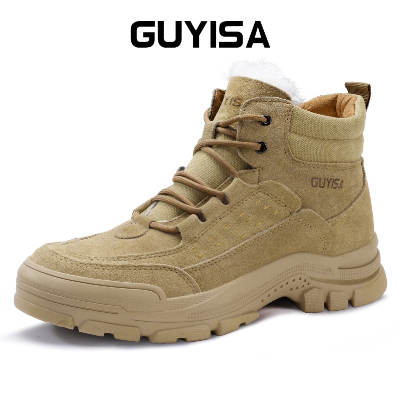 GUYISA safety shoes men steel-toed boots brown fleece thermal anti ...