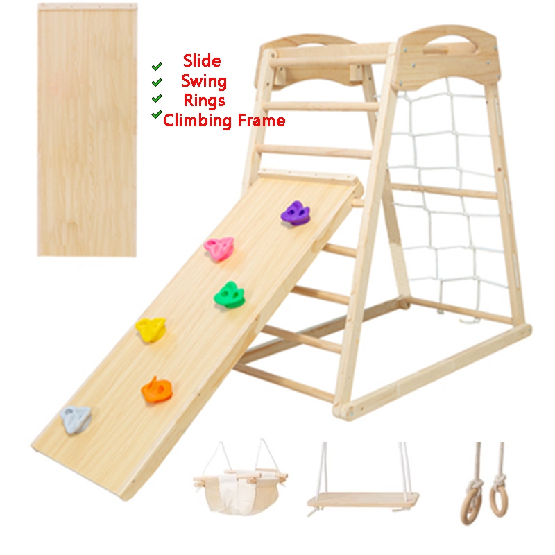 Children's Indoor Small Climbing Frame Solid Wood Mini Slide Swing - Main Image