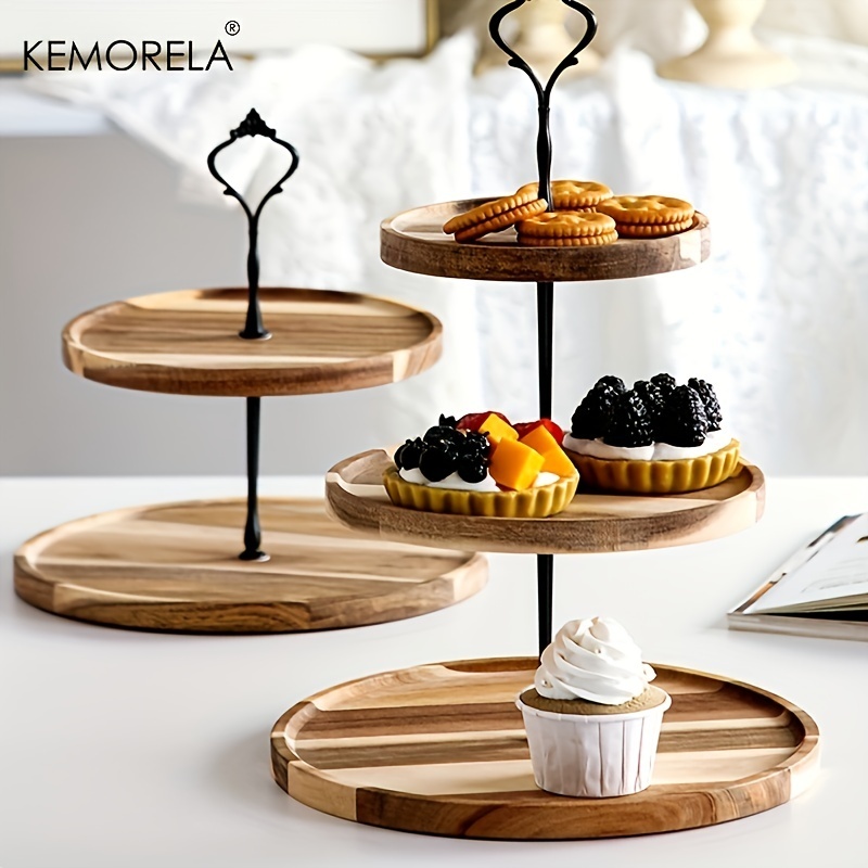 KEMORELA Acacia Wood Party Dessert Stand High Tea Display Set Tray Wooden  Display Stand Cookies Cake Tray Tier Tier Wooden Dessert Cake Plate