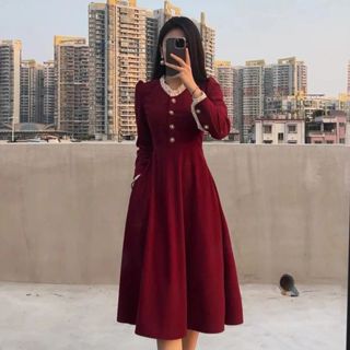 Women Dresses Holiday Fashion Women's Casual Long Sleeve Solid Ladies Retro  Golden Velvet Half High Collar Slim Dress Daily Long Sleeve High Neck Retro  Solid Color Slim Fit Dress 