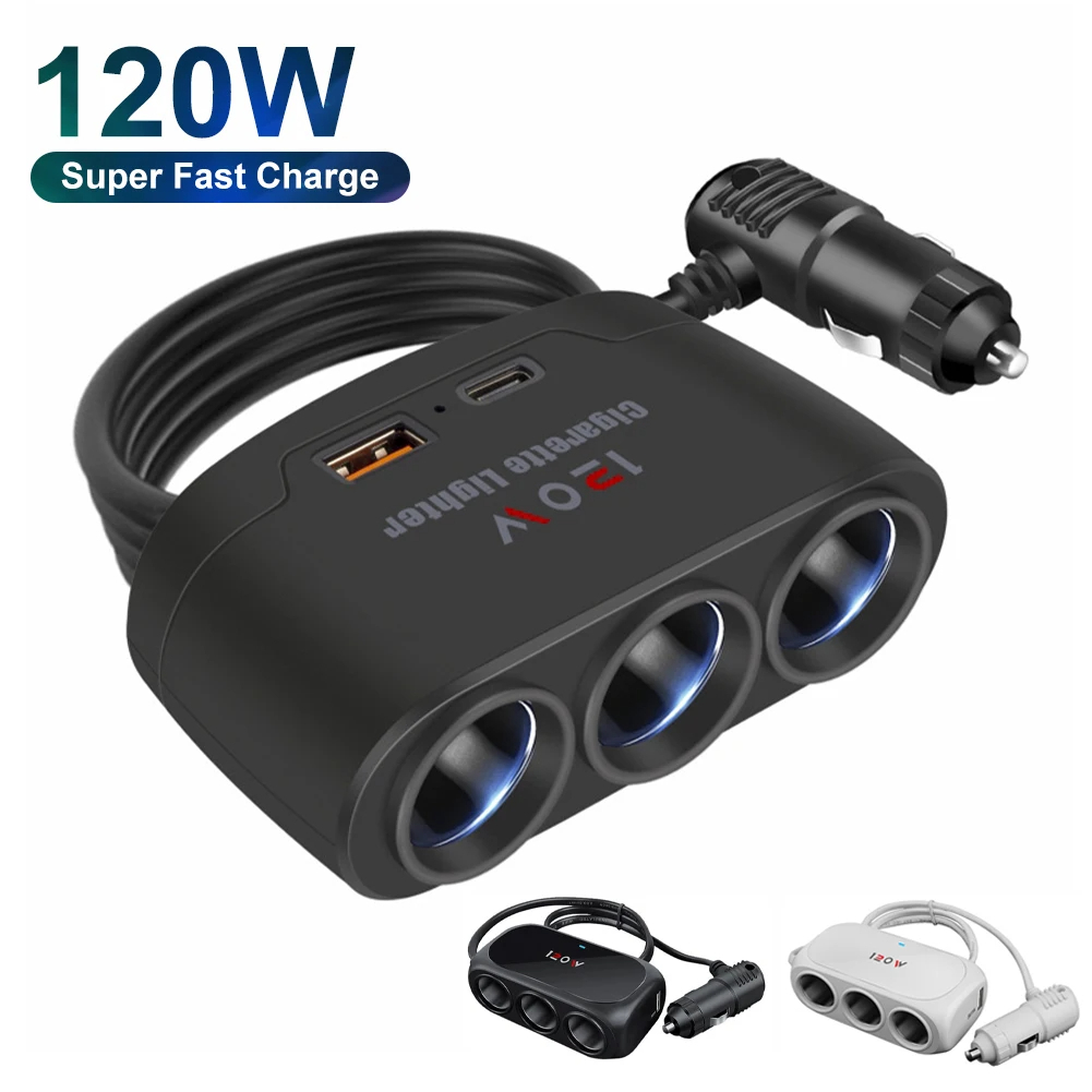 120W Car Charger Adapter 12V 24V 3 Socket Cigarette Lighter Splitter