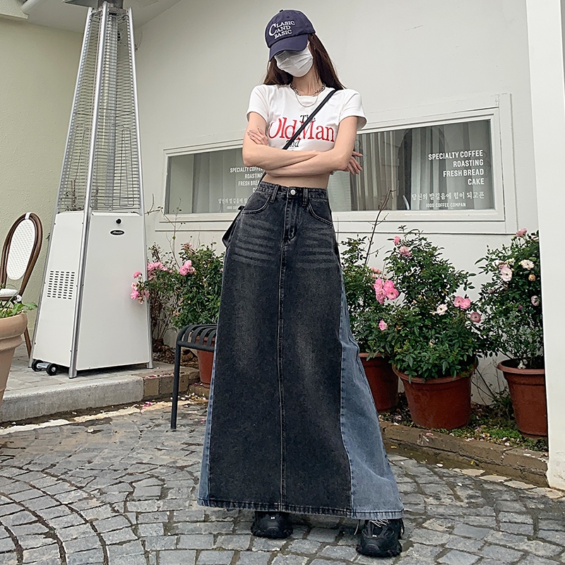 Vintage Denim Color Contrast Long Skirt Women A Line High Waist Jean Skirts For Ladies Black Blue Shopee Malaysia