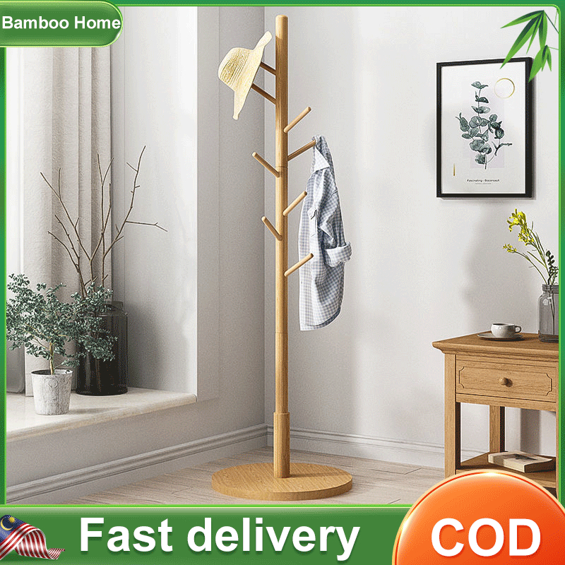 Wooden Clothes Rack Flat Stand Coat Hanger Cloth Hanging Pole Penyangkut Simple Installation