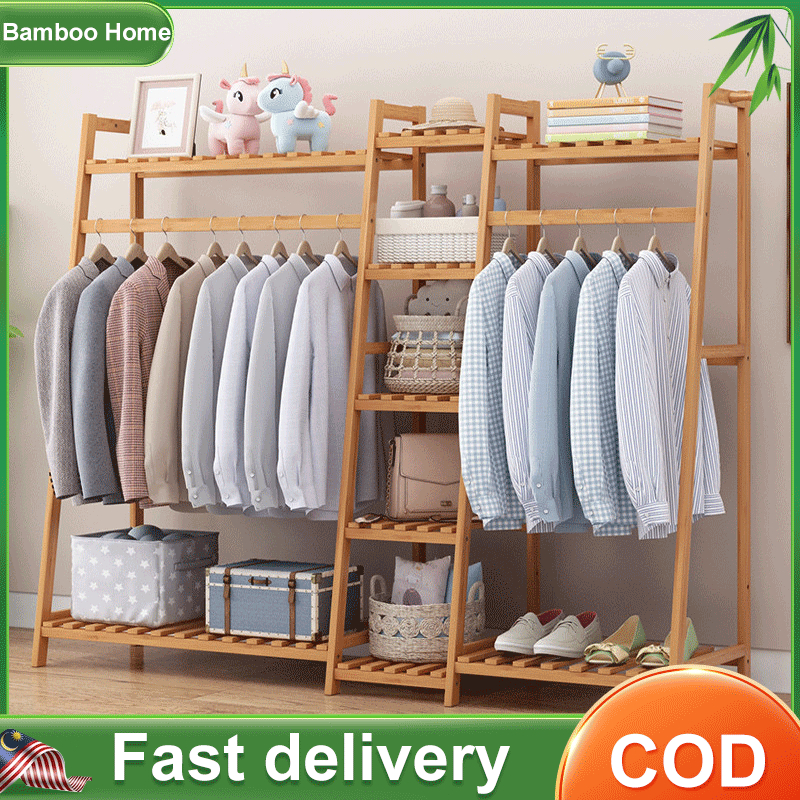 Bamboo Wardrobe Coat Rack MultiFunction Clothes Coat Rack Flat Stand Hanger Rack Clothes