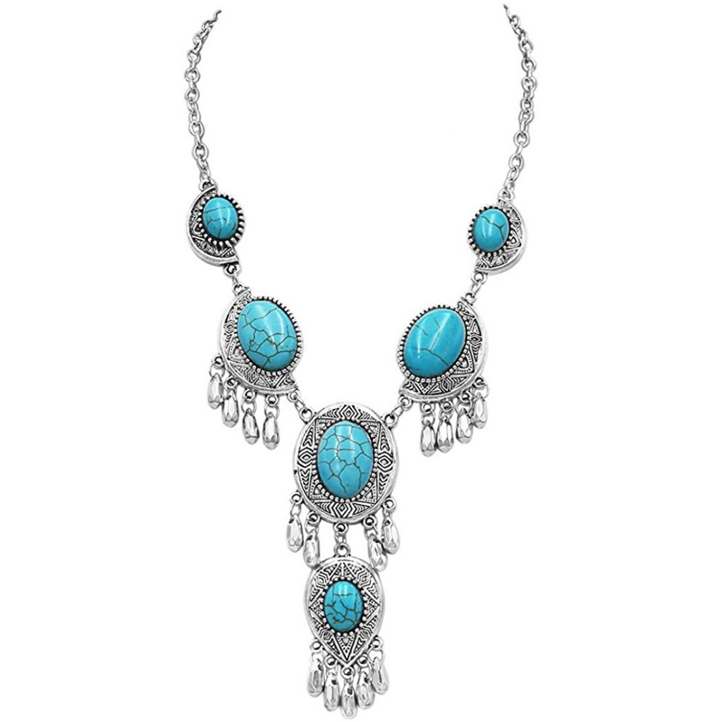 Retro Vintage Silver Boho Turquoise Pendant Statement Necklaces Women Exaggerated Big Indian 5064