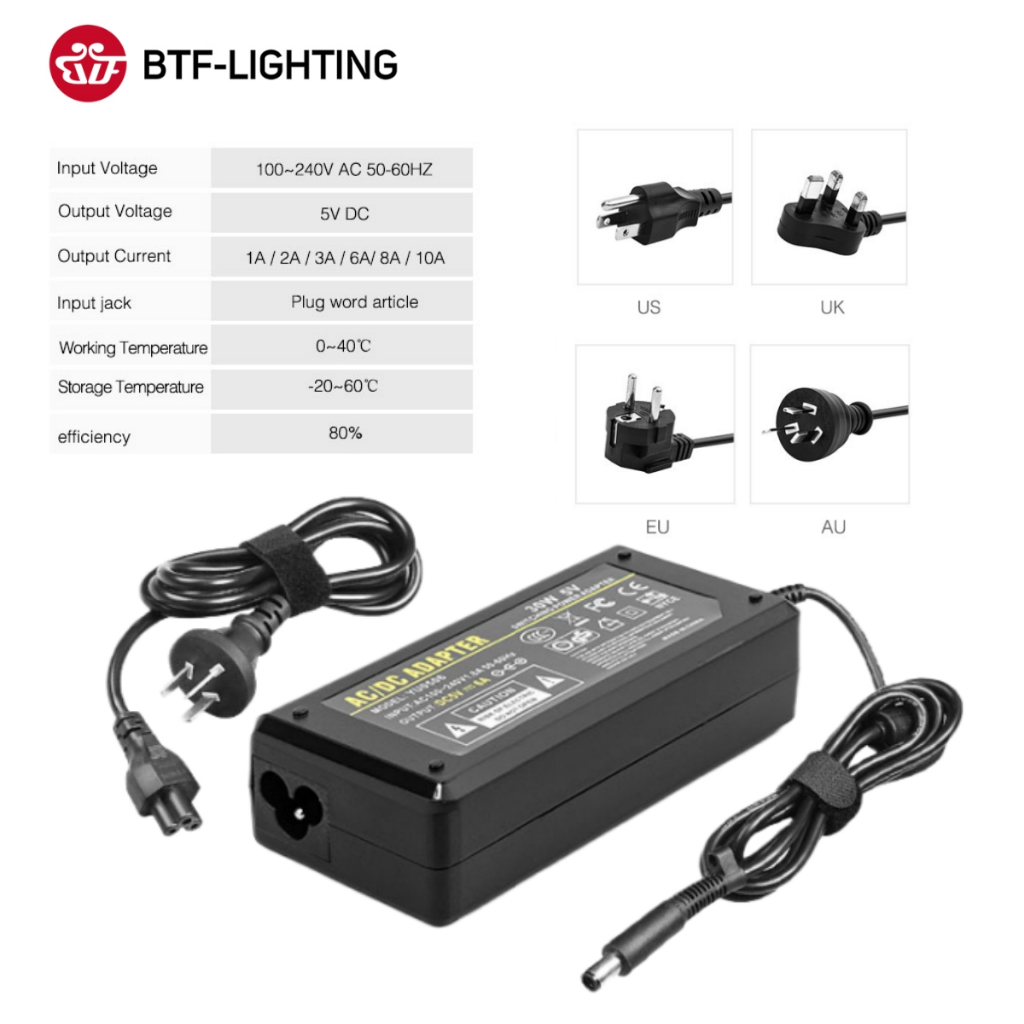 BTF-LIGHTING DC5V LED Power Supply Adapter AC 110V 220V to DC 5V 2A/3A ...