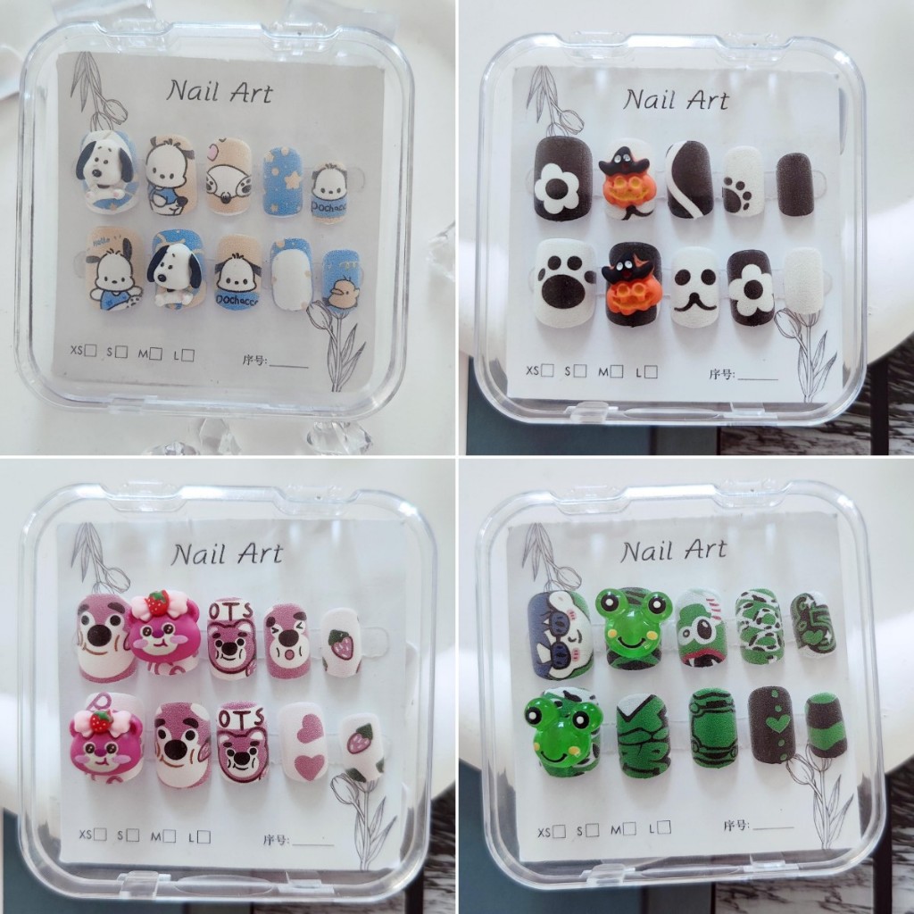 cartoon short square fake nails with adhesive accessories, 24 pieces ...