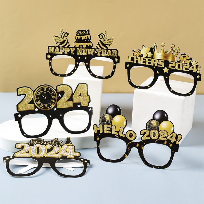 Happy New Year 2024 Glasses Black Gold Paper Glasses New Year 2024