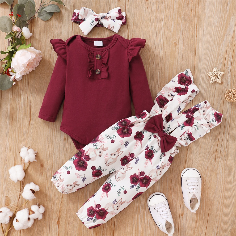 [HPB] 0-18Months New Year Baju Baby Girl Winter 3pcs Clothes Set Long  Sleeve Bodysuit with Floral Rabbit Overalls Free Headwear Cute Jumpsuit  Fashion