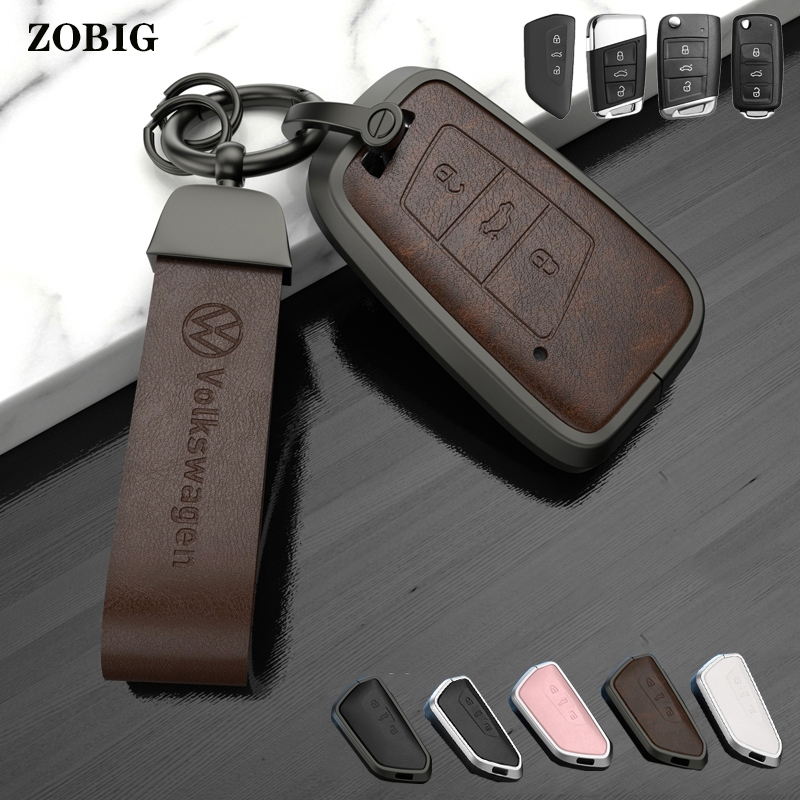 ZOBIG Aluminum alloy leather for Volkswagen Key Fob Cover VW Volkswagen