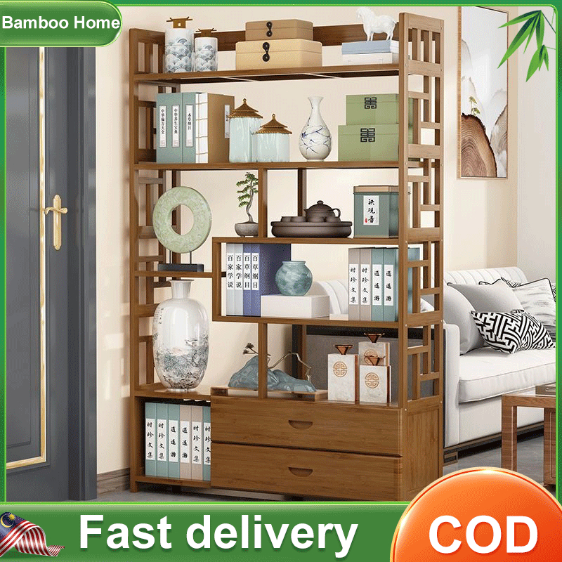 Natural Bamboo Multipurpose Shelf Shelves Rack Rak Living Room Shelf