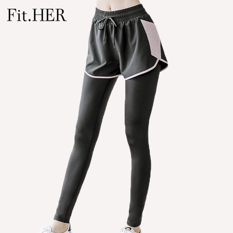 Fit.HER Fake two-piece sports pants women's running training fitness pants  slim and fast dry outdoor yoga pants with pocket bottom