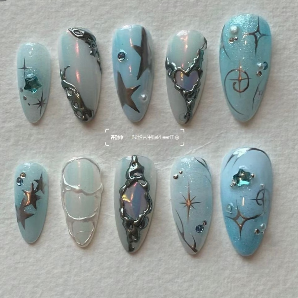 Ocean blue aurora metal hand-painted handmade nail almond shape ins ...