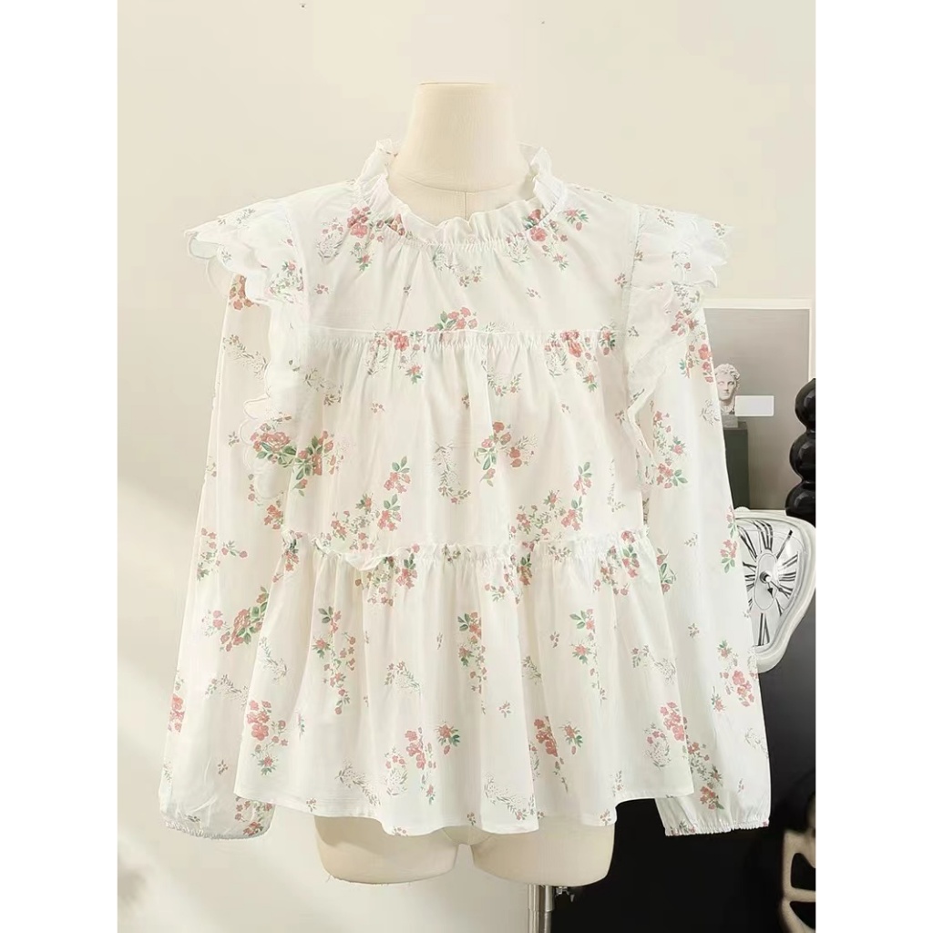 Korean Style Women Ladies Loose Ruffle Floral Long Sleeve Shirt Blouse ...