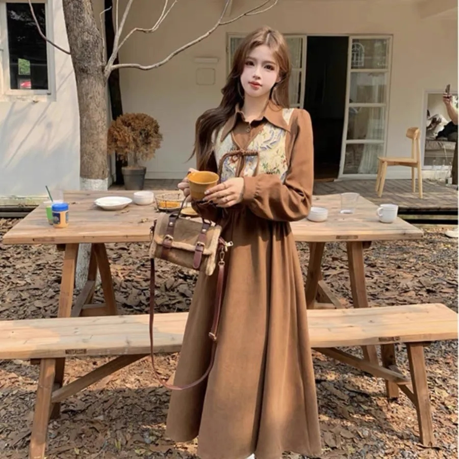 Autumn/Winter French Vintage Long sleeved Dress Set+Chinese Fan Pan Button  Vest Two Piece Set